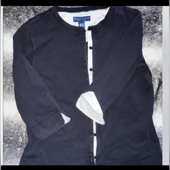 Karen Scott Cardigan Women‎ Black/White Button Front 3/4 Sleeve, Small Petite - Picture 2 of 4